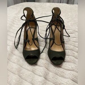 Schutz olive green open toe strappy heels.